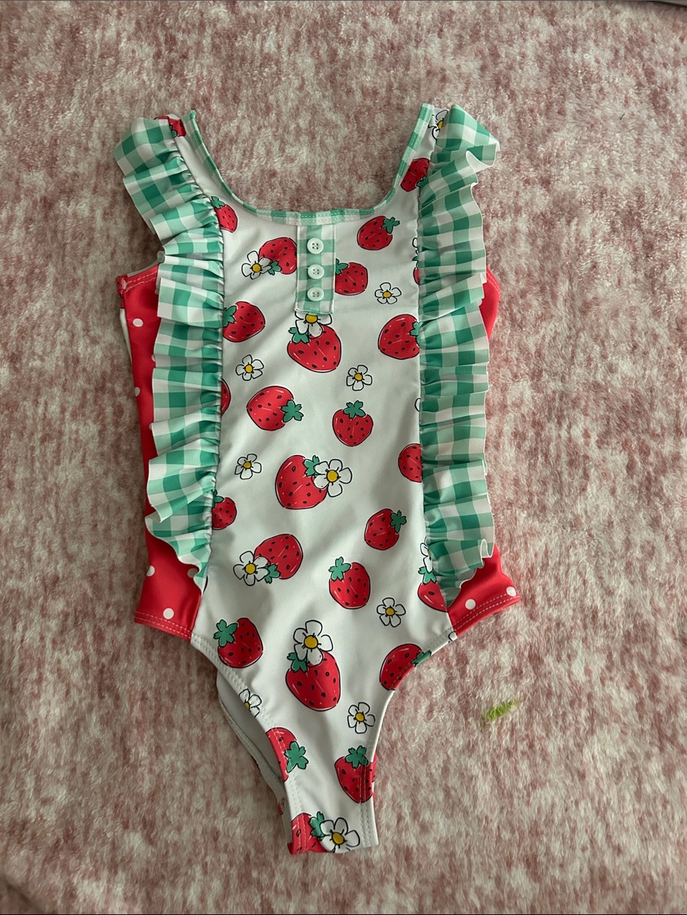 Girls Strawberry Print One-Piece Swimsuit - Mint Trim